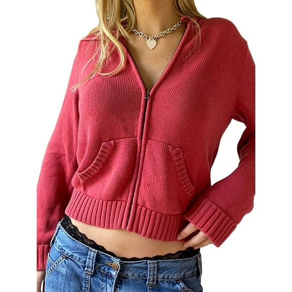 AmShibel Women Zip Up Hoodie Y2k Vintage Long Sleeve Knitted Sweatshirt 90s Coat Jacket Streetwear