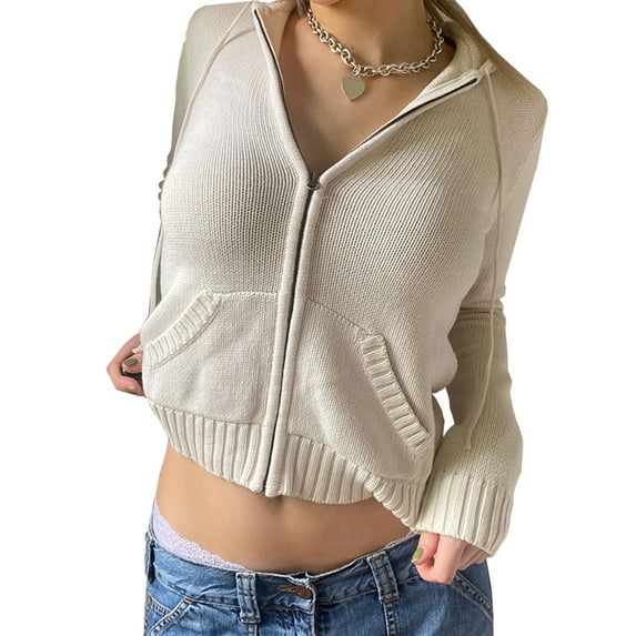 AmShibel Women Zip Up Hoodie Y2k Vintage Long Sleeve Knitted Sweatshirt 90s Coat Jacket Streetwear