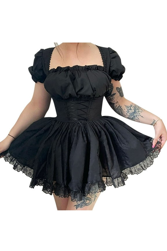 Women's Gothic Lolita Mini Dresses Vintage Punk Puff Sleeve A Line Swing Short Goth Dress