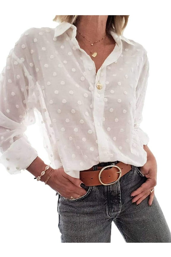 Women's Mesh Sheer Polka Dot Blouse Long Sleeve Button Down Shirt Tops