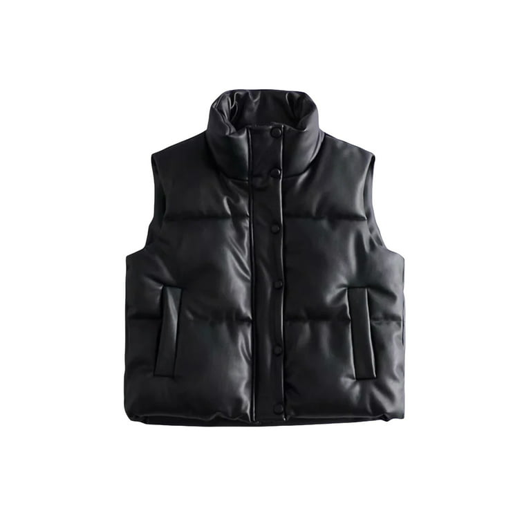 AmShibel Women's Quilted Faux Leather Puffer Vest Collared Sleeveless  Padded Jacket