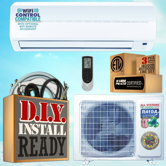 AmVent Super Efficiency 12000 BTU Inverter Ductless Mini Split and Heat Pump 115V/60 Hz 500 SQ coverage area with 25 ft installation Kit