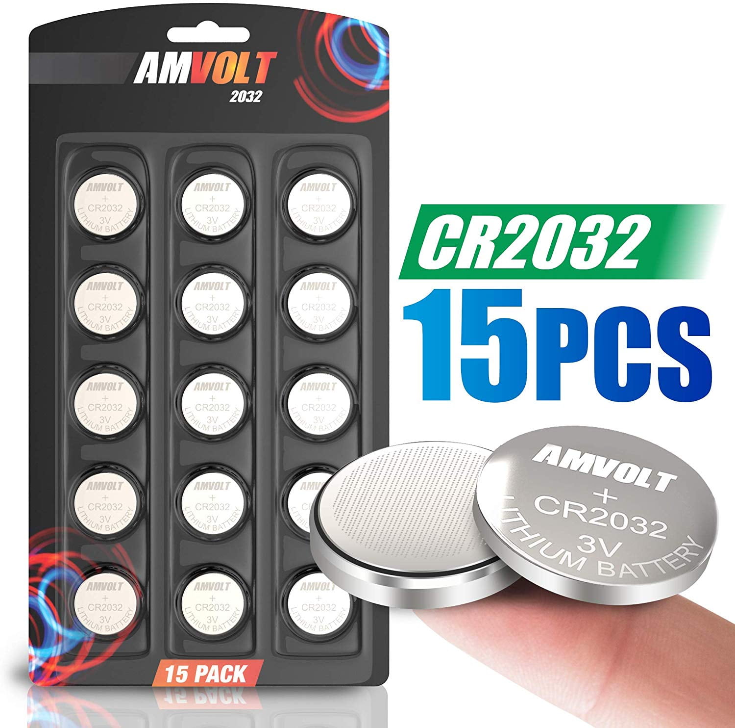 AmVolt 15 Pack CR2032 Battery [Ultra Power] 20MM - Best 3 Volt Lithium  Watch Batteries - 600mAh - 3V CMOS Coin Button Cell - Fob Car Remote Key CR
