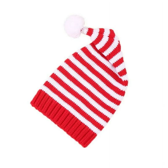 1 Pcs Christmas Warm Knitted Hat Winter Cute Hairball Red and White Stripe Warm Hat