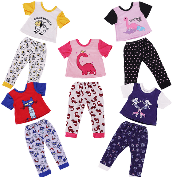 AmaMary 10 Pcs American Doll Clothes, Fits 18 inch Dolls, Summer Short Sleeve and Pants Outfit for 45cm Dolls