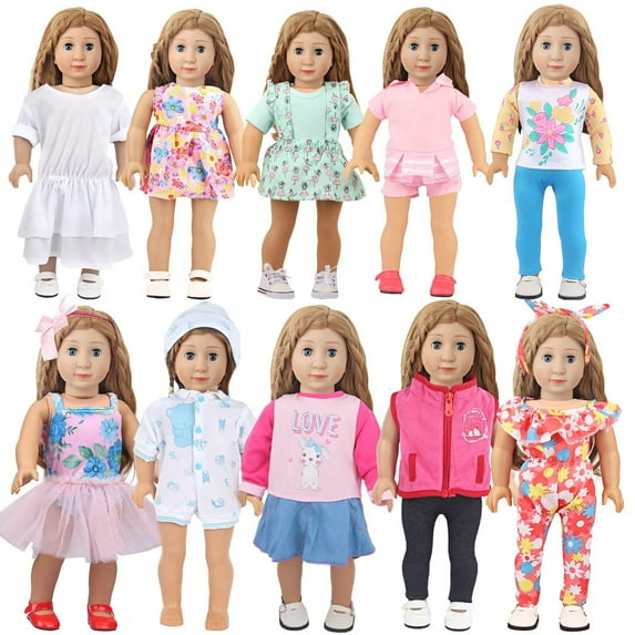 AmaMary 10 Sets 18 inch Doll Clothes and Accessories – Including Dresses, Tops & Pants, Rompers & More – Perfect for 18 inch Dolls
