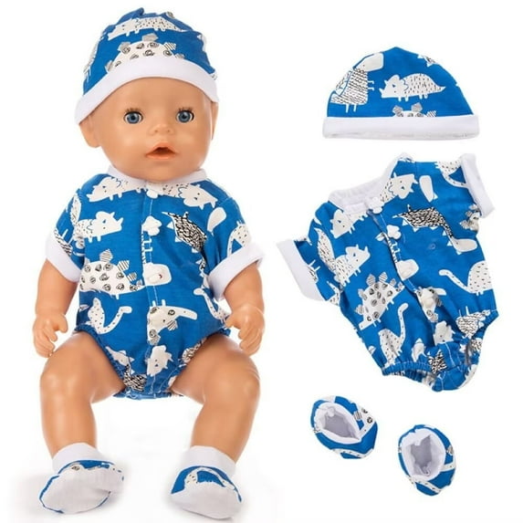 Babysbule 16-18 Inch Reborn Doll Clothes Blue Dinosaur Bodysuit Set - Soft Cotton Outfit