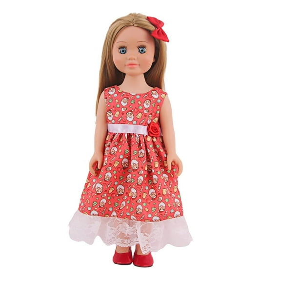 AmaMary 18 inch Doll Christmas Dress – Red Santa Print Lace Dress with Bow Headband, Holiday Outfit