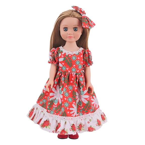 AmaMary 18 inch Doll Christmas Outfit – Red & White Snowflake Dress with Matching Headband – Holiday Gift