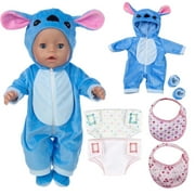 Babysbule Doll Clothes Set, Blue Stitch-Style Plush Onesie, for 16-18 Inch Dolls, 4-Piece Set
