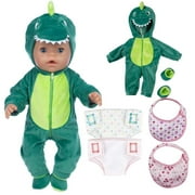 Babysbule 18-inch Reborn Doll Clothes Set, Green Dinosaur Plush Onesie for 16-18 Inch Dolls, Includes Onesie, Socks, Bibs & Diapers, Adorable Gift for Kids