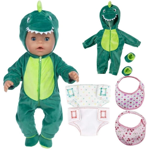 Babysbule 18-inch Reborn Doll Clothes Set, Green Dinosaur Plush Onesie for 16-18 Inch Dolls, Includes Onesie, Socks, Bibs & Diapers, Adorable Gift for Kids