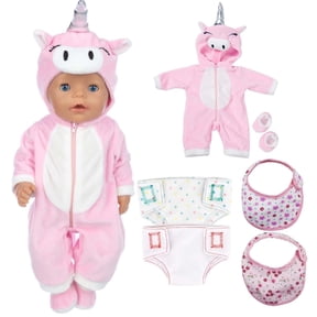 AmaMary 18-inch Reborn Doll Clothes Set, Pink Unicorn Plush Onesie for 16-18 Inch Dolls, Includes Onesie, Socks, Bibs & Diapers, Perfect Gift for Girls’ Birthdays and Holidays