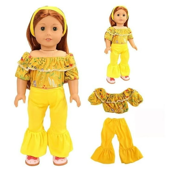 AmaMary 18-Inch Doll Summer Outfit for American Girls & Boys Yellow Flared Pants One Shoulder