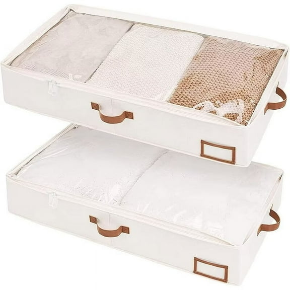 AmaMary 2Pcs Under Bed Storage Organizer, Fits Multiple Items, Clear Cover with Handles and Sorting Slots, 31.5” x 17.5” x 6”, Beige