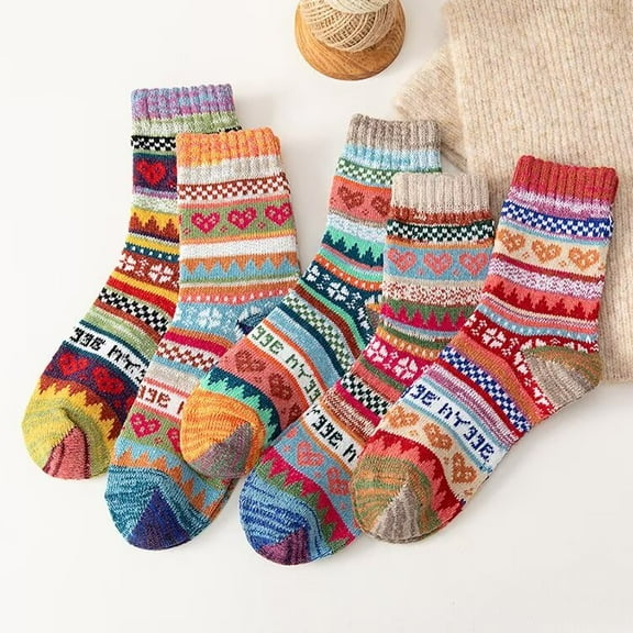 AmaMary 5 Pairs Wool Socks - Vintage Winter Warm Wool Socks for Women, Soft Cozy Socks, Thick Knit Boots Socks Gifts for Women Men