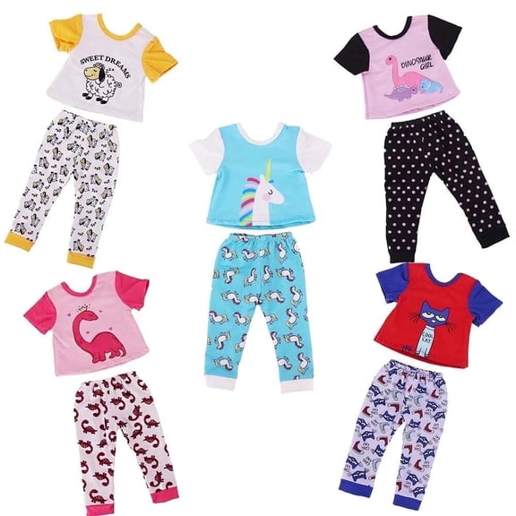 AmaMary 5 Sets 18 Inch Reborn Doll Pajamas with Dinosaur & Cat Patterns - Kids Gift