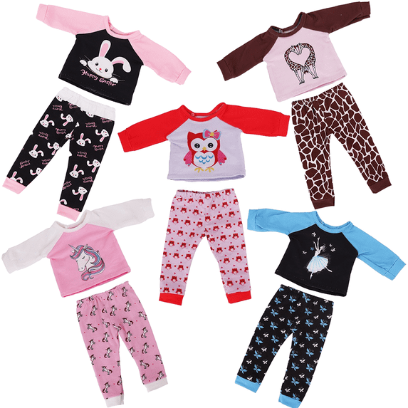 AmaMary 5 Sets of Reborn Doll Clothing (Fits 18 inch Dolls) - Long Sleeve Animal Print Top and Pants Girl Gift