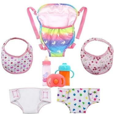AmaMary 8 Pcs Baby Doll Carrier and Accessories with Nappy Bib Bottle Pacifier for Dolls 16-18 Inches