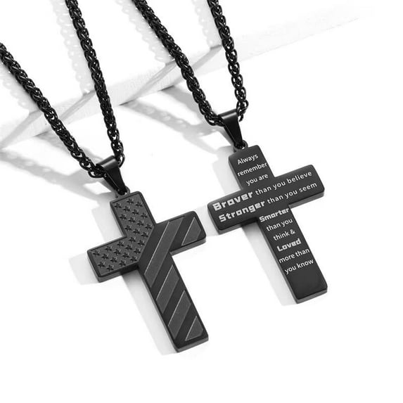 Babysbule American Flag Cross Necklace with Bible Verse, Stainless Steel Christian Patriotic Pendant