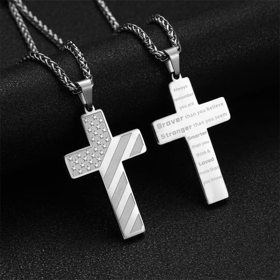 Babysbule American Flag Cross Necklace, Bible Verse, Stainless Steel Pendant