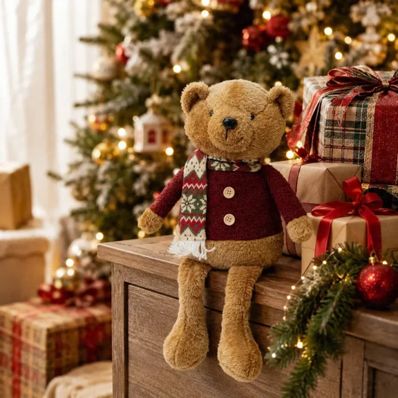 AmaMary Christmas Teddy Bear Plush, Soft Stuffed Animal with Red Knitted Sweater & Nordic Scarf, Holiday Gift for Kids & Home Decor