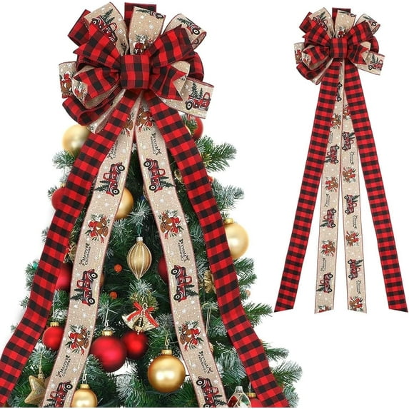 Babysbule Large Christmas Bow Decoration, 44” x 13” Handmade Buffalo Plaid Red Black Rustic Farmhouse Christmas Tree and Door Ornament for Holiday Party