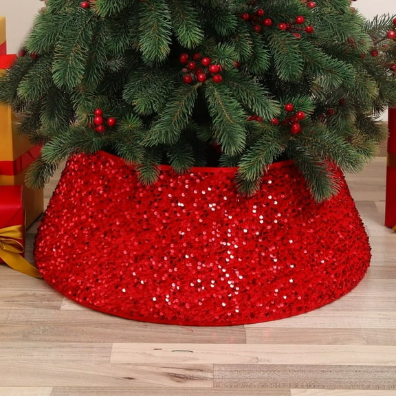 AmaMary Christmas Tree Surround Glitter Sequin Christmas Tree Skirt Christmas Tree Surround Artificial Tree Bottom Cover Festive Christmas Decoration(Small 15" Red)