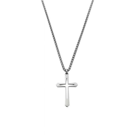 AmaMary Men's Openwork Cross Necklace, Silver Stainless Steel Men's Plain Cross Pendant Necklace Box Chain 27 Inch