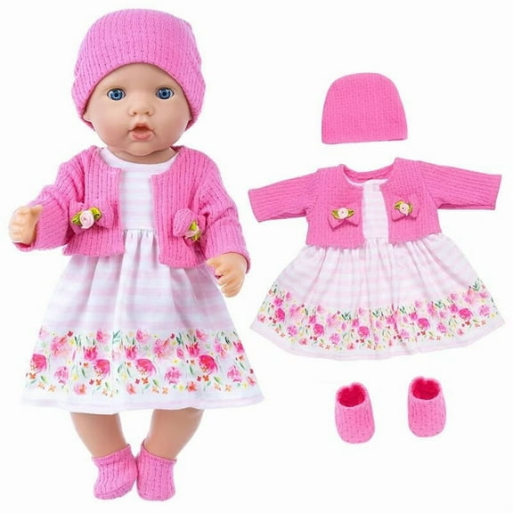 Babysbule Rose Cardigan Pink Stripe Floral Dress for 16-18 inch Dolls, Stylish and Safe Outfit