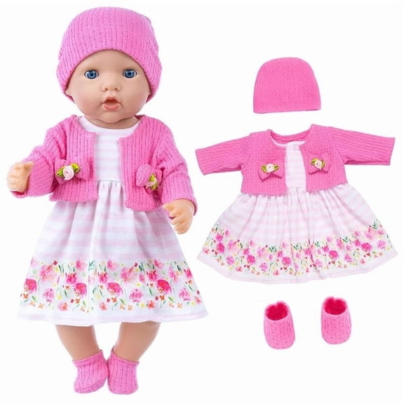AmaMary Rose Cardigan Pink Stripe Floral Dress for 16-18 inch Dolls, Stylish and Safe Outfit