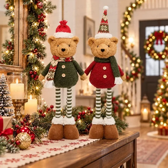 AmaMary Set of 2 Extendable Christmas Teddy Bear Plush, 15.4" to 20.5" Adjustable Height Stuffed Animals with Red & Green Sweaters, Holiday Tabletop Decor