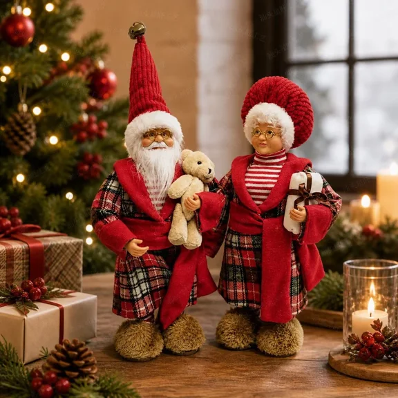 AmaMary Set of 2 Christmas Santa Claus Couple Figurines, 16.1" Mr & Mrs Claus with Teddy Bear & Gift, Plaid Robe Holiday Tabletop Decor