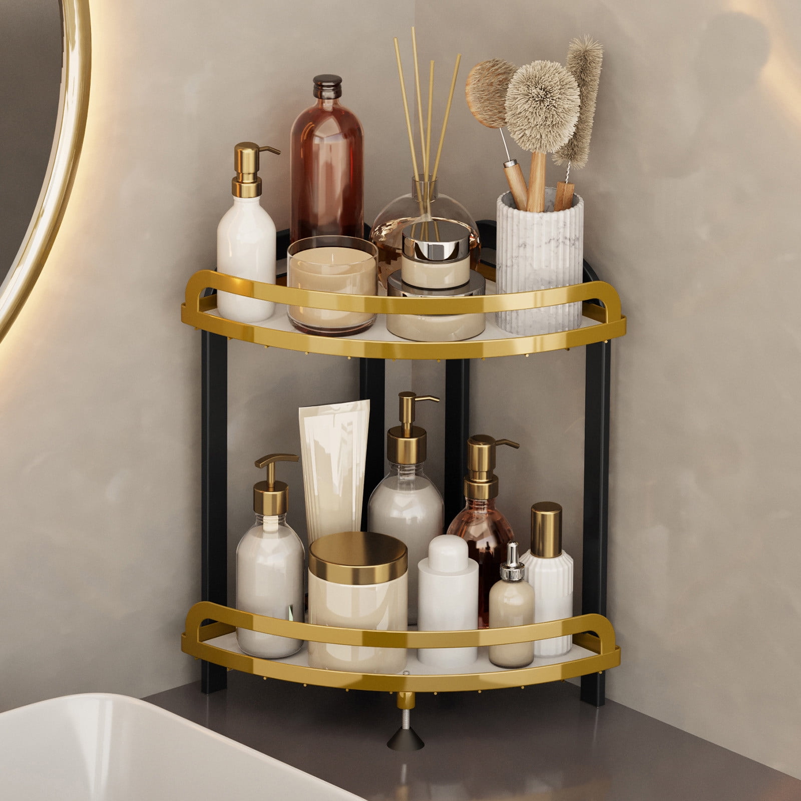 Amacok Corner Bathroom Counter Organizer Metal Bathroom Sink Organizer Countertop, Makeup Organizer for Vanity Storage Corner Skincare Organizers Bathroom Counter Shelf