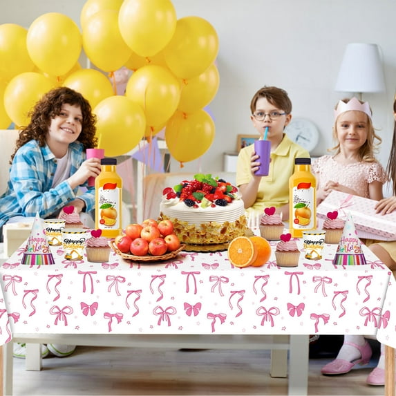 Amacok Cute Bow Tablecloth Plastic 54 X 108Inch, Birthday Decorations Table Cloth Disposable Pink Birthday Table Covers for Bow Girls Birthday Party Supplies
