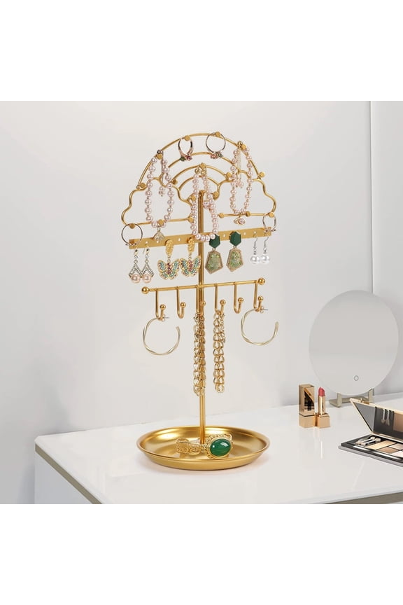 Earring Holder Hanging Organizer Stand Jewelry Rack Metal Cute Metal Shelf Room Decor Table Holder Display Tower with Ring Storage Tray