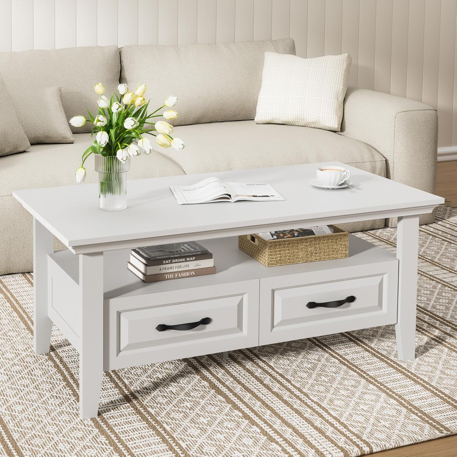 Amada Coffee Table with Drawers– 39.4" Farmhouse Wood Coffee Table for ...