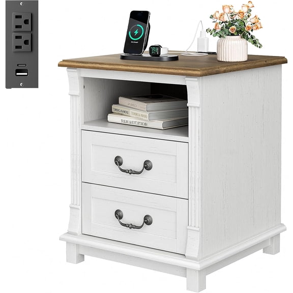 Amada Farmhouse Nightstand with Charging Station, 2 Drawers Wood Side Table Roman Column Style, Vintage Bedside Table for Bedroom with Open Shelf (Oak and White, 1Pack)
