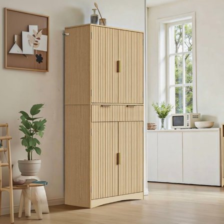 Amada Fluted Pantry Cabinet, Versatile 72″ Tall Storage Cabinet with Adjustable Shelves, Kitchen Cabinet with Magnetic Doors & Anti-Tip Design(Natural Oak)