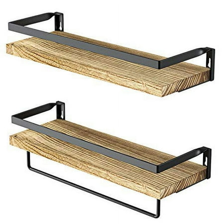 Amada Rustic Floating Shelves Wall Mounted, Solid Paulownia Wood Set of 2 for Kitchen, Bathroom, and Bedroom, Decorative Storage Shelf with Removable Towel Holder, Strong Black Metal Frame-A