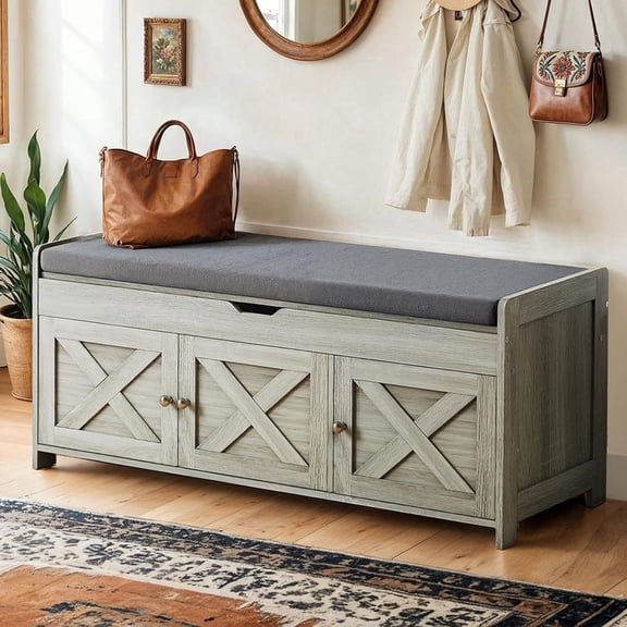 Amada Shoe Bench, 39.4 Entryway Bench with Cushioned Seat & Lift Top Storage, Adjustable Shelf, 300 lbs Capacity, 2-Tier Storage Bench with Shoe Rack for Entryway, Bedroom, Gray