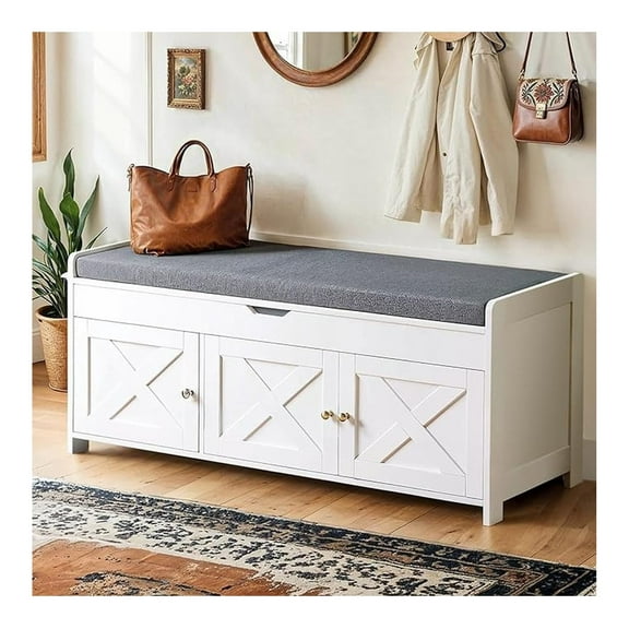 Amada Shoe Storage , Entryway with Cushioned Seat & Lift Top Storage, 3 Doors, Adjustable Shelf, 300 lbs Capacity, with Shoe Rack for Entryway, Bedroom, Living Room, White