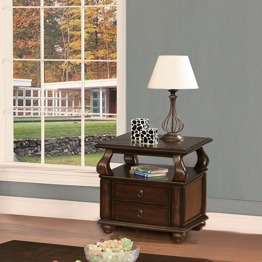 Amado Occasional Living Room End Side Snack Table Stand 2 Drawers Shelf Walnut