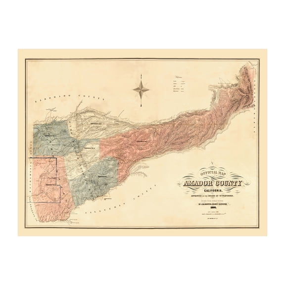 Amador County California Art, 1866 Vintage Map of Amador County CA History Wall Decor Gift, Old Amador County CA Map - 36" x 24" Unframed Print