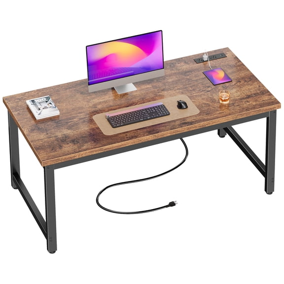 Amadwell 54 Inch Desk with Power Outlets, USB-C, 0.95 Inch Thicker Sturdy Computer Desk, Office Desk with Robust Metal Tubes, Work Gaming Desk for Home Office,Rustic Brown