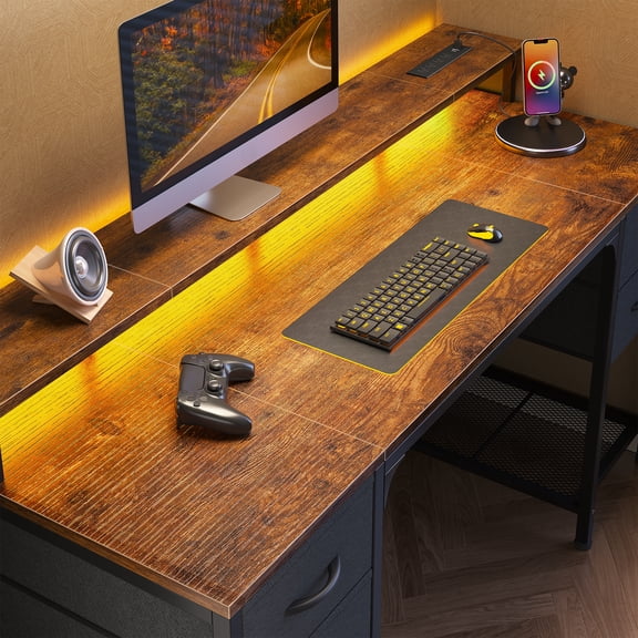 Amadwell 55.1 Inch Computer Desk with LED Lights and Power Outlets, Gaming Desk with 4 fabric drawers, Home Office Desk for Bedroom, Writing Study Table with Monitor Stand, Rustic Brown