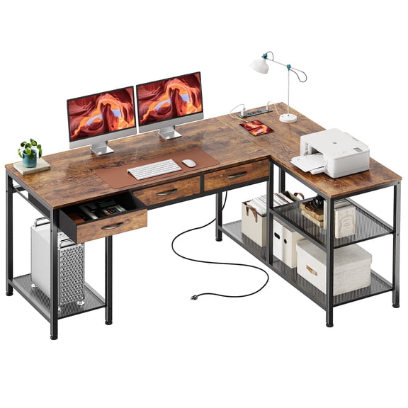 Amadwell 55 Inch L Shaped Office Desk with 3 Fabric Drawers, Reversible Computer Gaming Desk, Power Outlets and Mesh Shelves, Corner working Study Desk, Rustic Brown