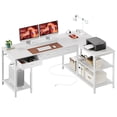 thumbnail image 1 of Amadwell 55 Inch L Shaped Office Desk with 3 Fabric Drawers, Reversible Computer Gaming Desk, Power Outlets and Mesh Shelves, Corner working Study Desk, White, 1 of 9