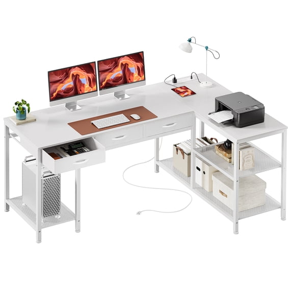 Amadwell 55 Inch L Shaped Office Desk with 3 Fabric Drawers, Reversible Computer Gaming Desk, Power Outlets and Mesh Shelves, Corner working Study Desk, White