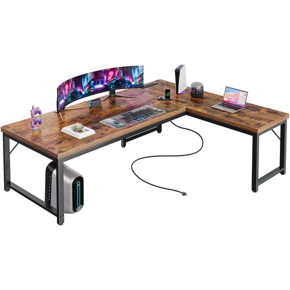Amadwell 63 Inch Reversible L Shaped Desk with 0.95 Inch Thicker Desktop,Power Outlets Computer Desk,Corner Gaming Desk for Home Office, Metal Frame, Rustic Brown